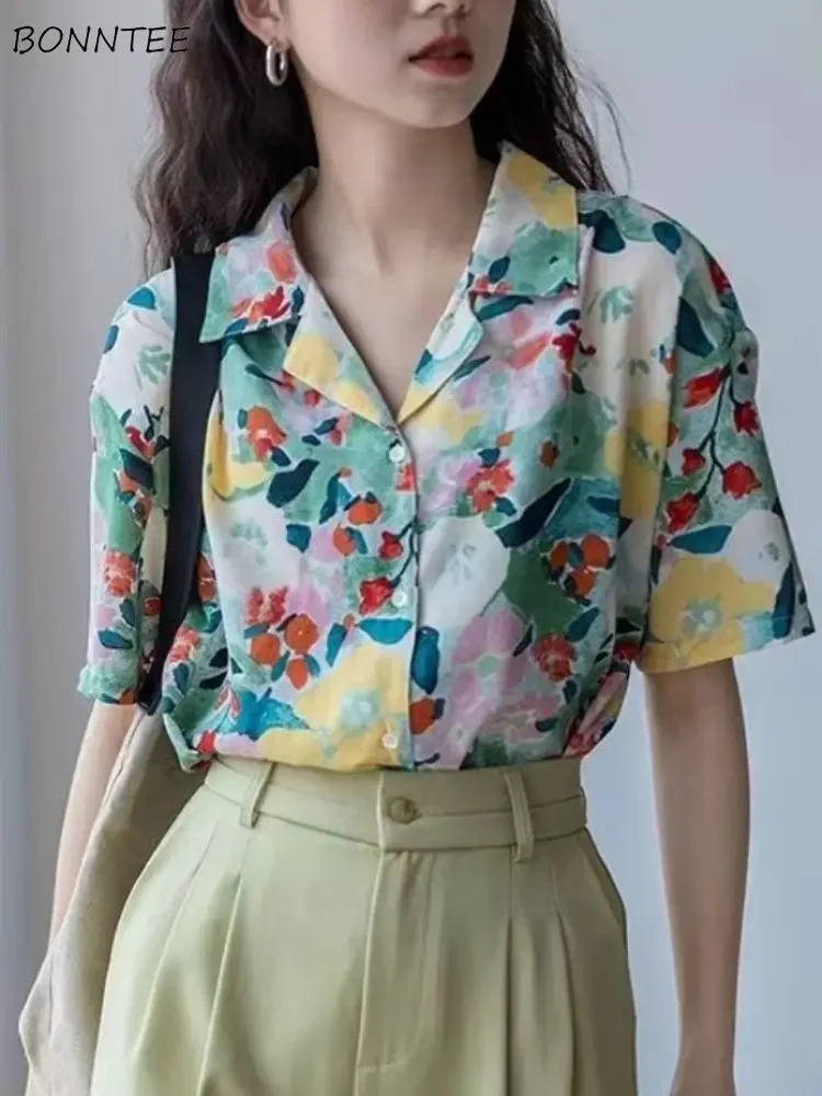 

Летние рубашки с принтом, женские базовые прямые топы для отдыха, винтажная уличная одежда с короткими рукавами, универсальные студенческие рубашки Ulzzang Harajuku Y2k