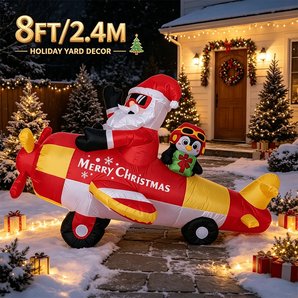 8FT Christmas Inflatable Toy LED Light Up Santa Flying Airplane with Penguin Inflatable Yard Decor Outdoor Lawn Xmas Decoration