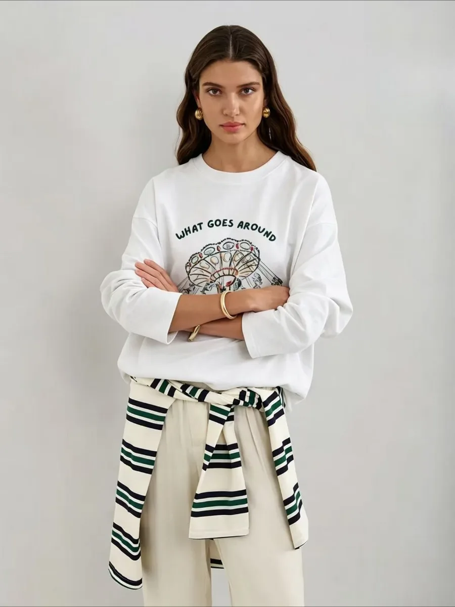 2026 Autumn Womens Long Sleeve Tee Cotton Carnival Ferris Swing Ride Print Vintage Letter Graphic Loose Casual Commute T Shirt