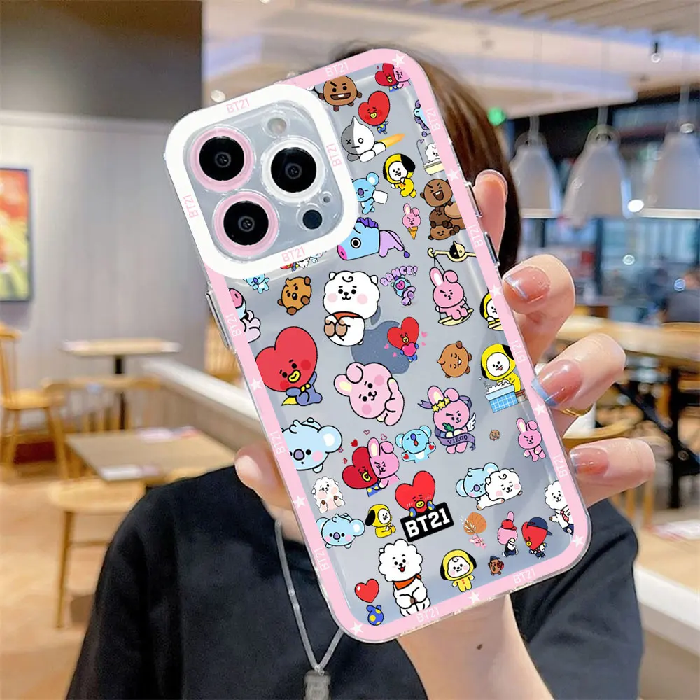 Cartoon Phone Case For iPhone 15 14 13 12 11 Mini Pro Max X XR XSMax 6S 6 7 8 Plus SE20 Transparent B-BT21 Cover