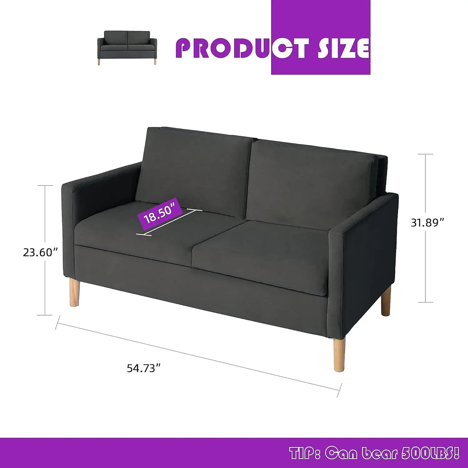 55-calowa nowoczesna sofa z tkaniny z 2 portami ładowania USB, meble Love Seats odpowiednie do małych pomieszczeń, salonu, biura