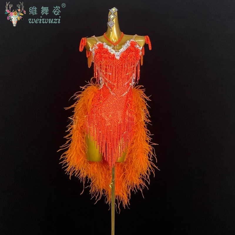 Professional High-end Custom Latin Dance Performance Competition Dress Women Sparkling Diamond Fluffy Tail Backless Dance Dress