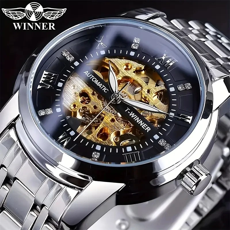 

Мужские роскошные автоматические механические часы, золотой скелет, ремешок из нержавеющей стали, модные повседневные мужские часы, элегантный деловой стиль, лучший подарок для него, батарея не требуется