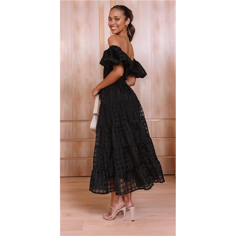 ASDS-Vestidos femininos maxi de manga curta e gola quadrada com camadas e linha A