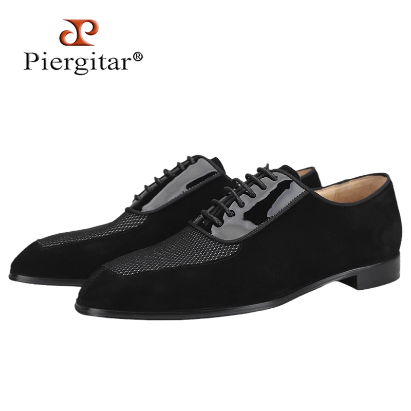Piergitar 2025 Black Suede Stitching Textured Jacquard And Patent Leather Retro Oxfords Shoe Handmade Red Sole Men's Dress Shoes