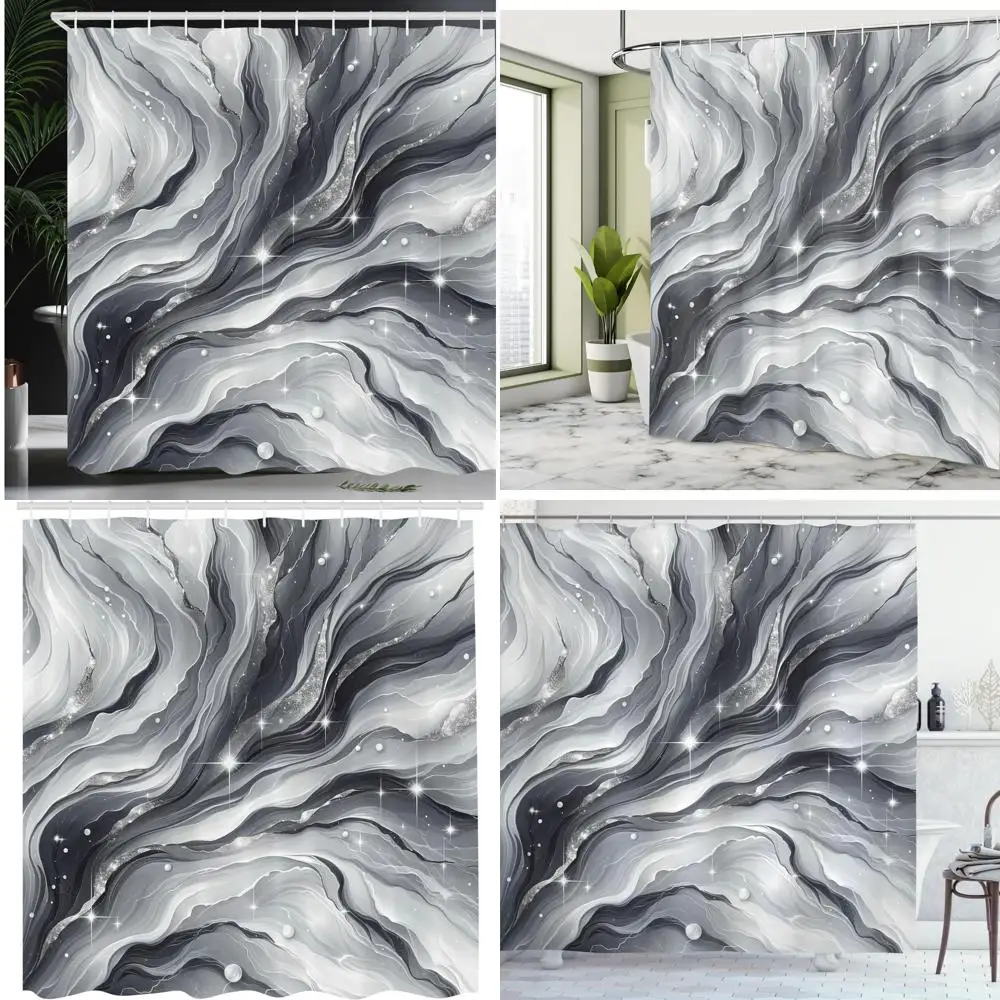 

серая занавеска для душа с монохромным внешним пространством и дизайном крутящих облаков