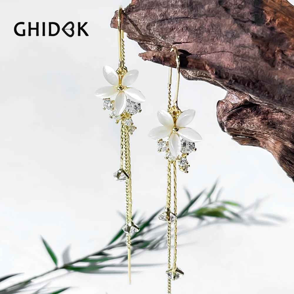 GHIDBK Pretty Gold Plated White Cat Eye Stone Flower and Zircon Chain Long Dangle Earrings for Women Tassel Threader Earrings