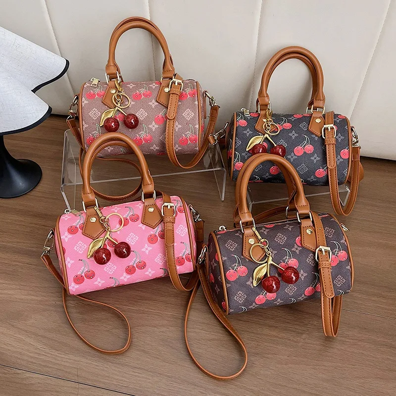 Luxury Designers Cherry Pattern PU Leather Boston Handbag Shoulder Bag Crossbody Tote Bags Bolsos Mujer Bags for Woman