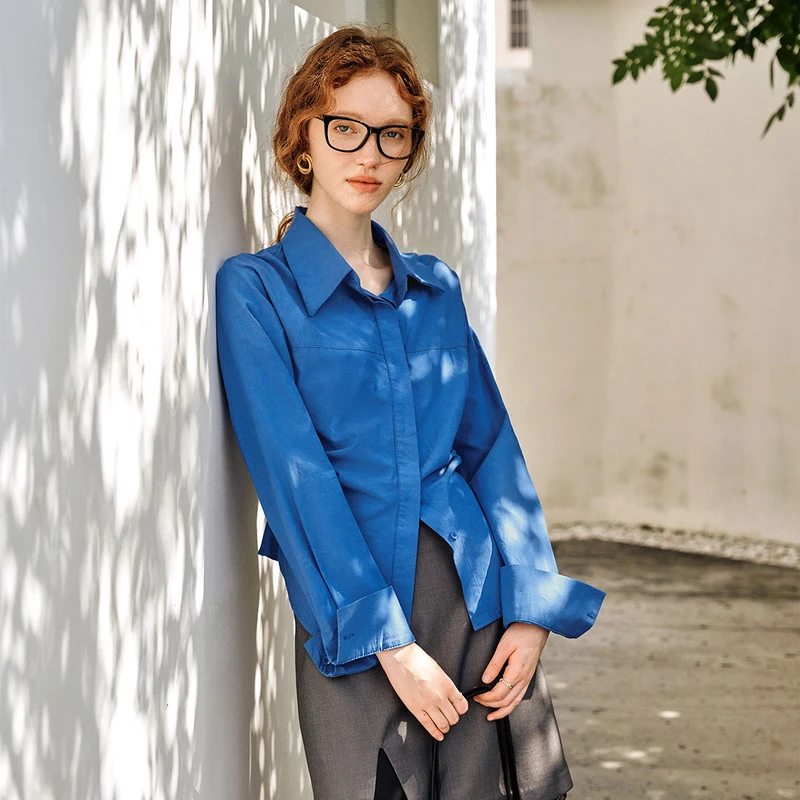 

OLrain Blue French Style Shirt for Woman Autumn 2025 Polo Blouses Casual Long Sleeve Pleated Waist Office Clothing M57CC96260