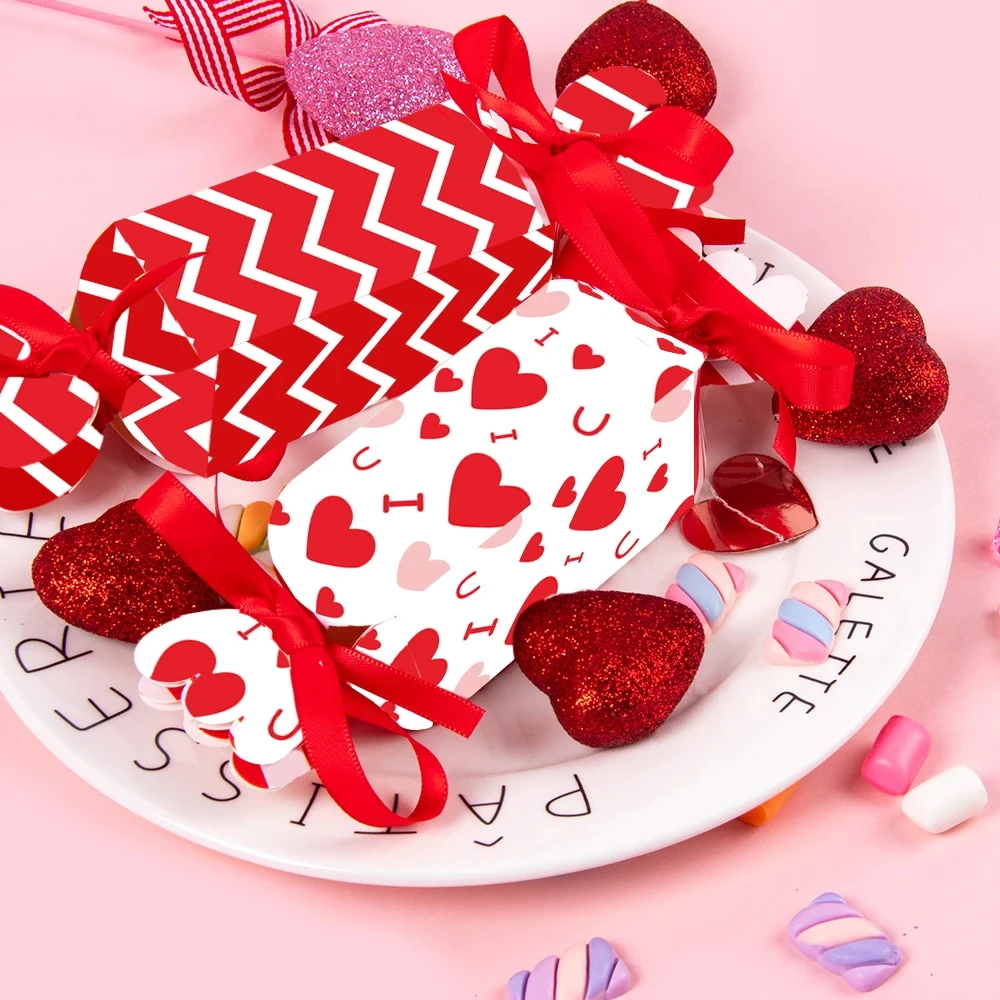 4/8/16pcs Red Striped heart Candy Box with Ribbon Chocolate Cookies Packaging Bag Valentine's Day Wedding party Favor Gift Boxes