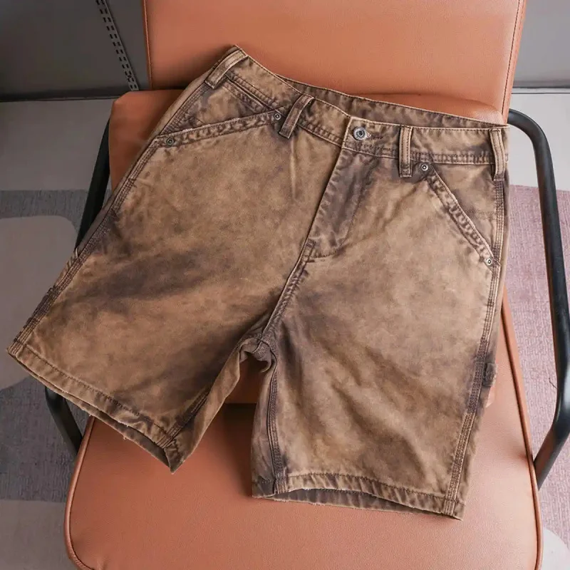 

New American Vintage Coffee Cargo Shorts for Men, Loose, Casual, Straight Cut, Distressed Denim, Knee-Length, Streetwear, Summer