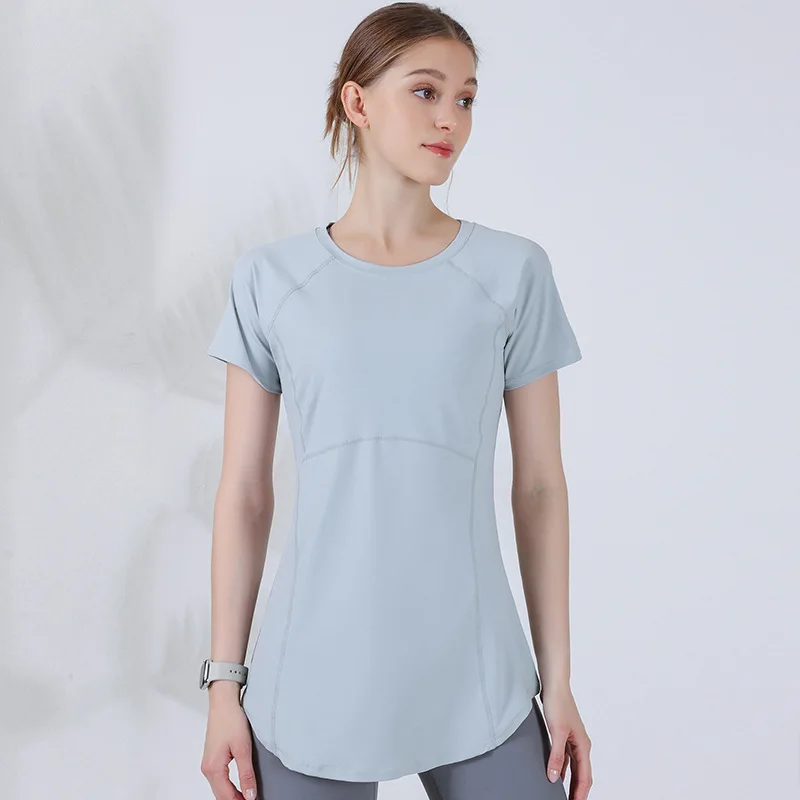 New Permeability Slim Yoga Shirts Quick Drying Fitness Workout Running Sportswear Short Sleeves Long Version Blouse Pilates