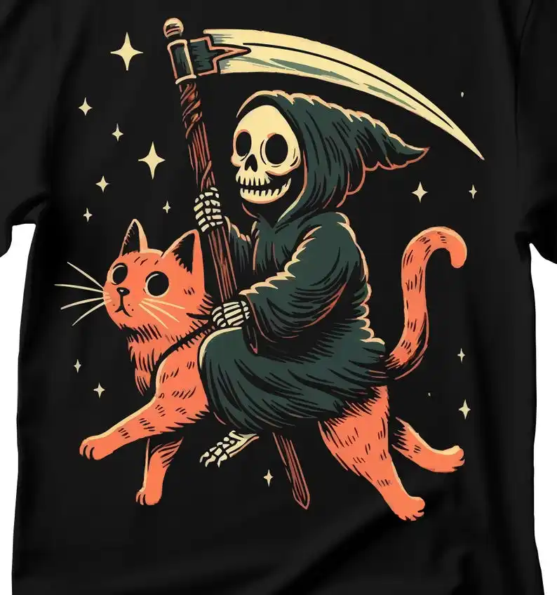 

Death Rides On Cat Grim Reaper Halloween Funny Hilarious Witty Funny Meme Gift Tee Cult Movie T Shirt, Cute Grim Reaper Tee, Spo