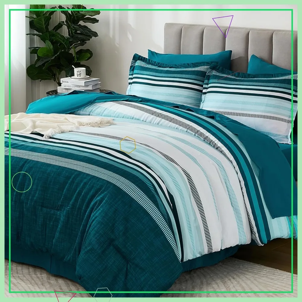 

Teal Queen Comforter Set 7 Pieces, Blue Boho Striped Bed in a Bag Queen Size Soft Microfiber All Season Bedding