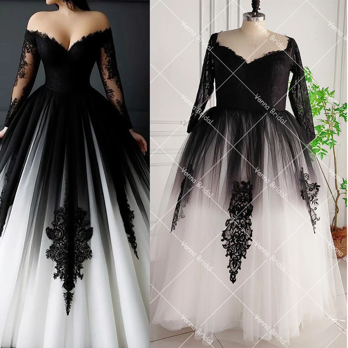 Customized Long Sleeves Puffy Black White Wedding Dress Gradient Tulle Plus Size Full Length Appliques Lace Bridal Gowns