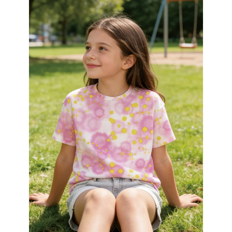 2026Girls' short-sleeve shirt with pink and yellow gradient tie-dye and all-over polka dot and star prints T Shirt Casual top