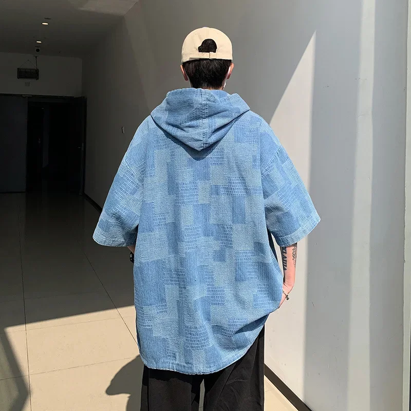 

Summer Plaid Denim Hooded Short Sleeved T-shirt For Men Korean Casual Loose Men's T-shirt Sweatshirt Y2k Men Clothing Streetwear