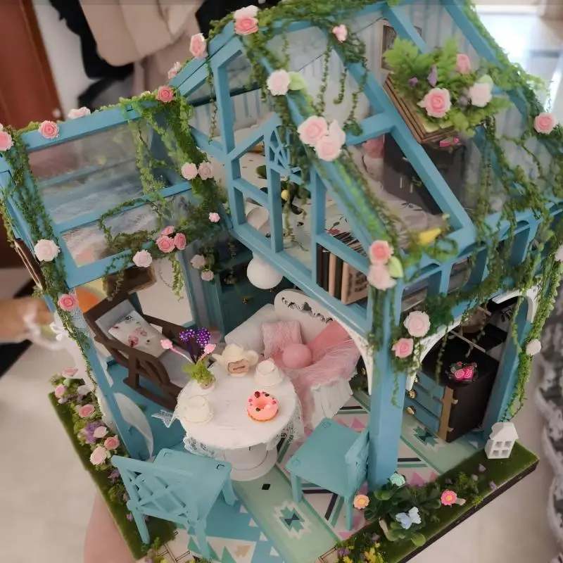 مجموعة بناء مصغرة لبيت الدمى الخشبي DIY مع أثاث ديكور منزلي هدية للأصدقاء #5