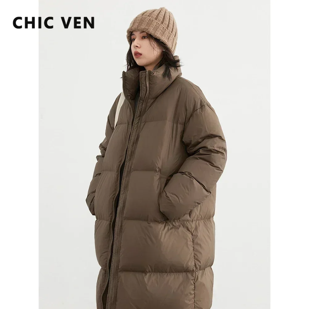 CHIC VEN-abrigos de plumón de pato blanco para mujer, chaquetas largas y gruesas, abrigo cálido, chaqueta informal suelta, otoño e invierno, 2024