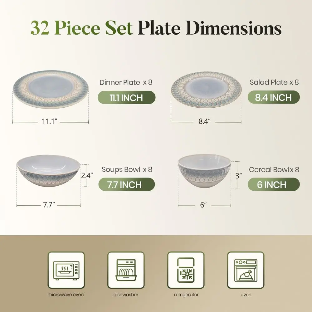 32pcs Stoneware Plates and Bowls Set for 8, Blue