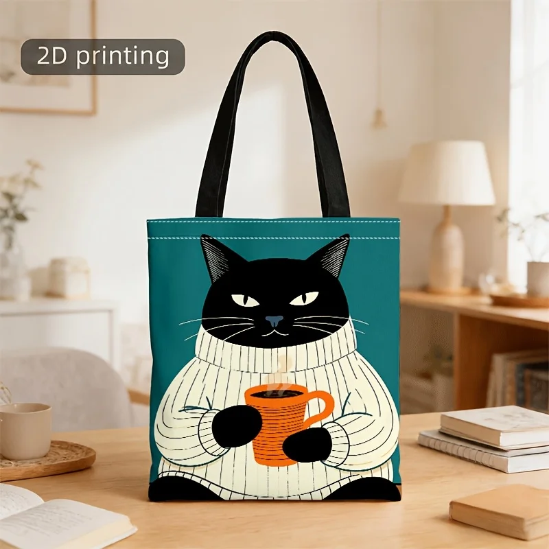 Funny Black Cat With Coffee Mug Canvas Tote Bag Cartoon Cat In Sweater Print Reusable Ladies Large Shoulder Shopping Handbag