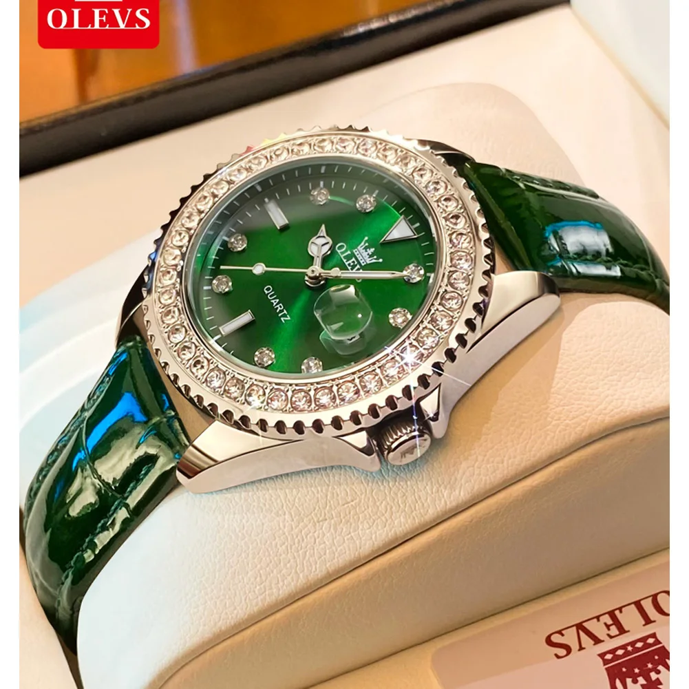 Olevs marca nova moda relógio de quartzo verde para mulheres couro à prova dwaterproof água calendário luxo diamante relógios das mulheres relogio feminino