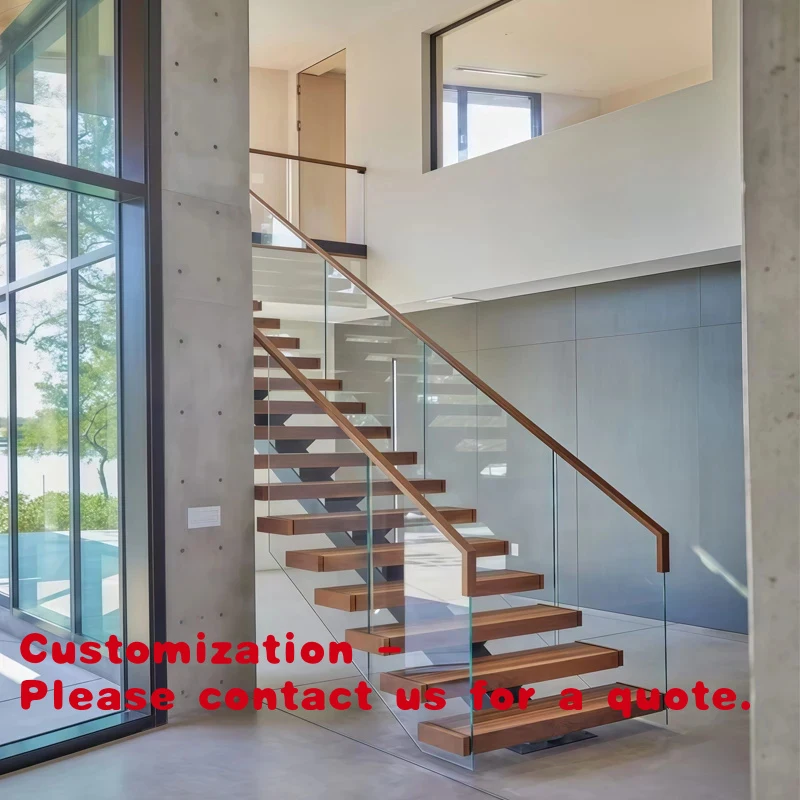 

custom.2025 New Design Single Stringer Staircase Modern Stair with double Tempered Glass Railing Home Interiors