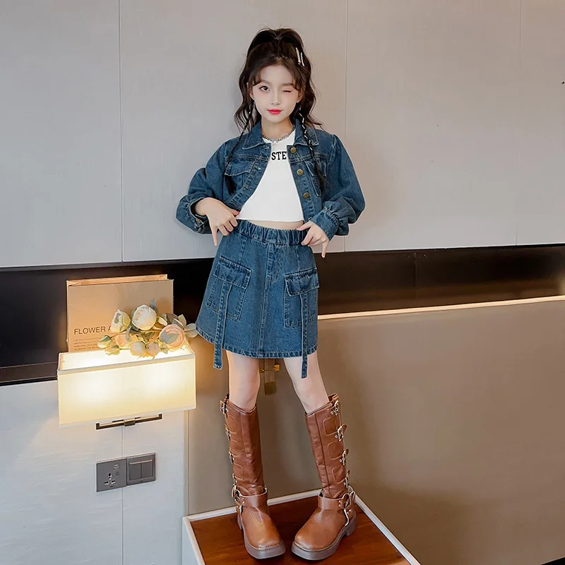 2pc 2025 fashion korea autumn winter Girls set Clothes teenager denim Cardigan top jacket + jeans short skirt 4 8 10 12 15 year