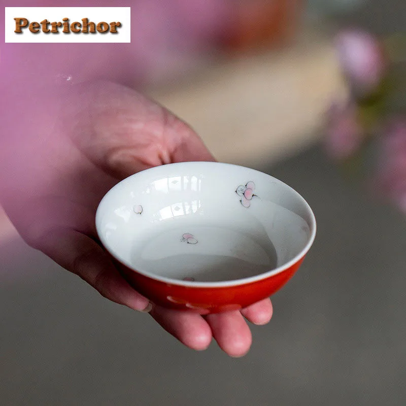 

2pc/lot Hand Drawn Coral Red Teacup Zen Tea Bowl Tea Pair Tea-tasting Personal Cup Chazhan Master Cups Chinese Tea Set 65ml