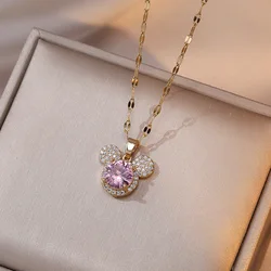 Stainless Steel Big Zircon Cartoon Mouse Head Necklaces for Women Girls Cute Crystal Accessories Gifts for Friends Fans