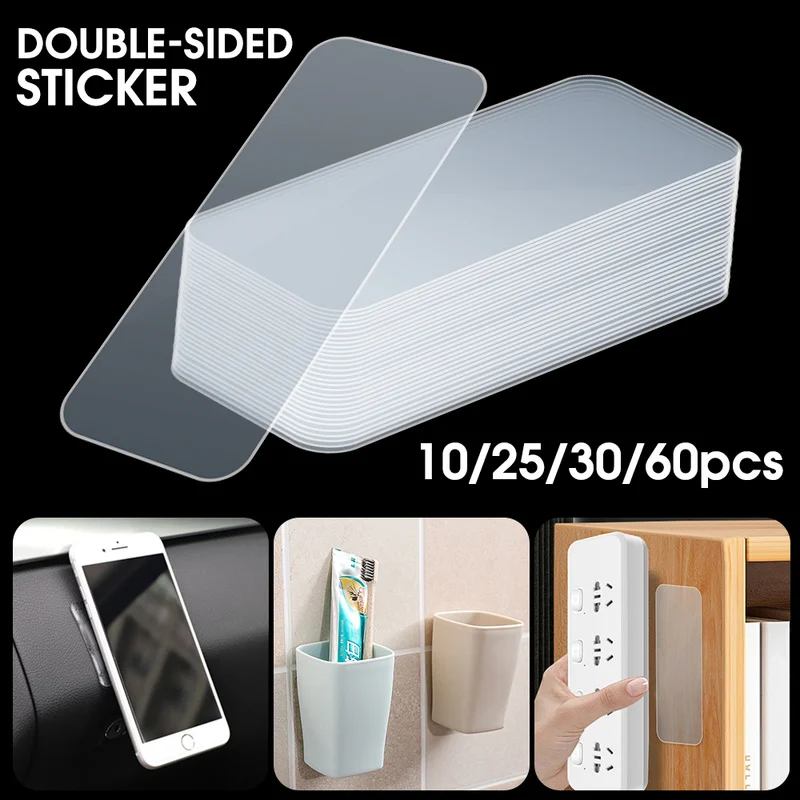 60pcs Self-Adhesive Double Sided Stickers Traceless Tape Reusable Ano PVC Square Sticker Waterproof Transparent Wall Tapes