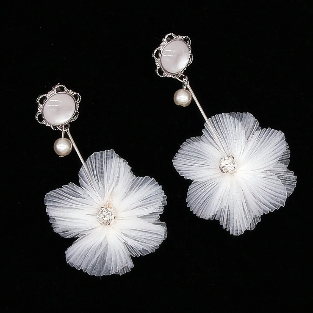1pair Korean Long-style Elegant Cat-eye Stone Pearl White Net-sheen Lace Flower Earrings for Women, Exaggerated Ear Pendants - view 5