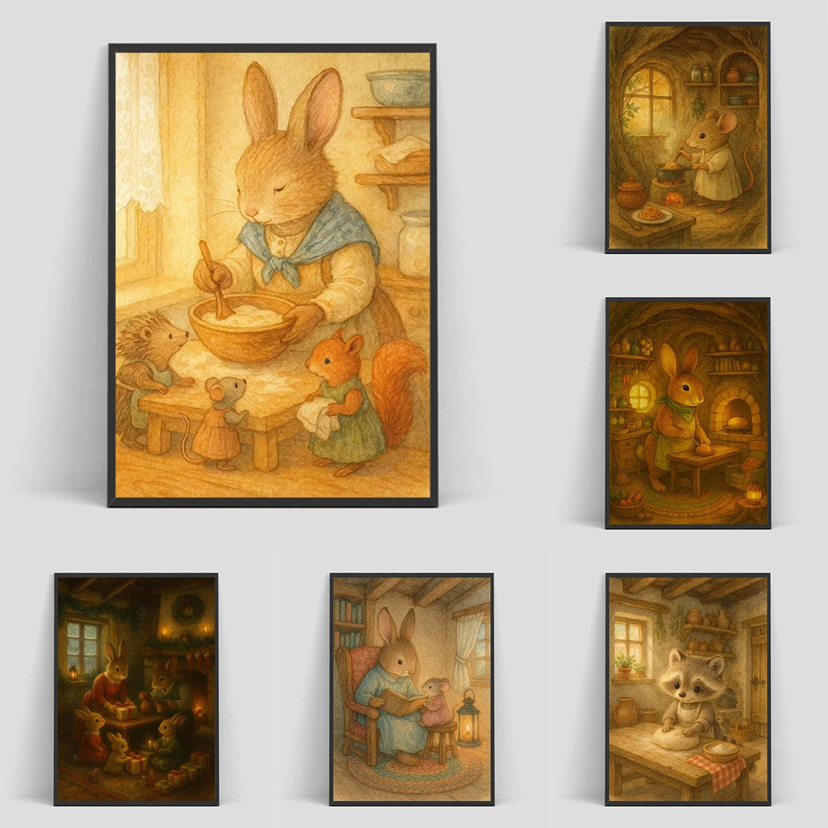 Детская акварельная иллюстрация, ретро постер с животными, тёплый семейный декор для офиса