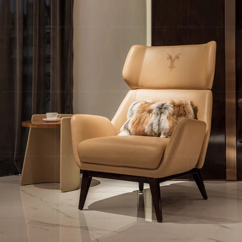 

Italian light luxury chair single modern simple solid wood back leather leisure chair designer chaise salon home furniture