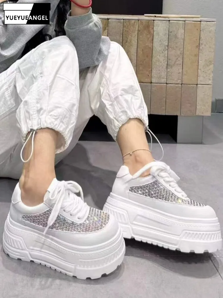 Korean Ladies Solid Color Crystal Round Toe Height-Increasing Chunky Heel Footwear Streetwear Cross Tied Platform Mesh Pumps