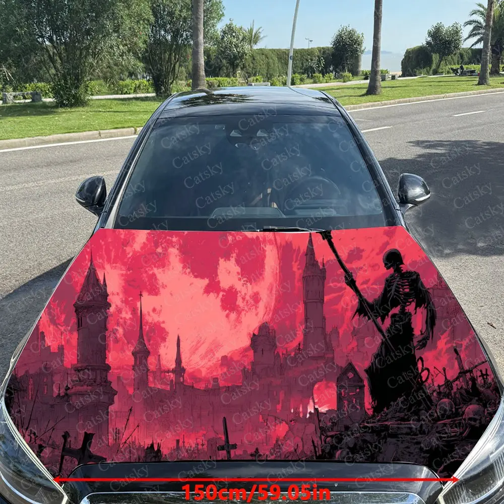 Gothic Red Moon Skeleton Knight Car Cover Sticker, Auto Hood Decal, Car Exterior Scratch Resistant Decal, Trendy Gift for Car Lo
