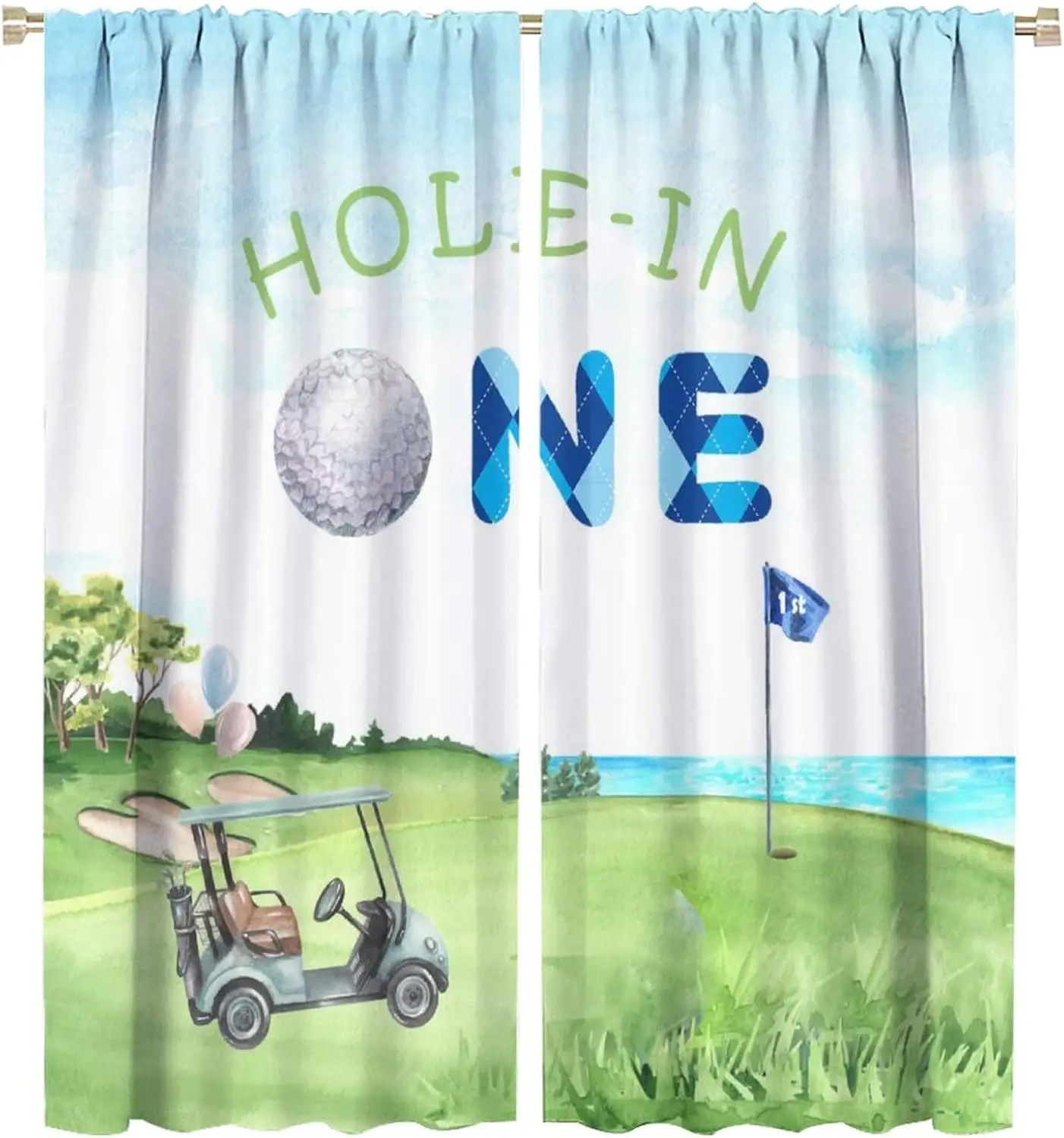 Kids Hole in One Golf Curtain, Watercolor Blue Sky Clouds Grass Window Treatments for Girls Cartoon Golf Sports Themed Window