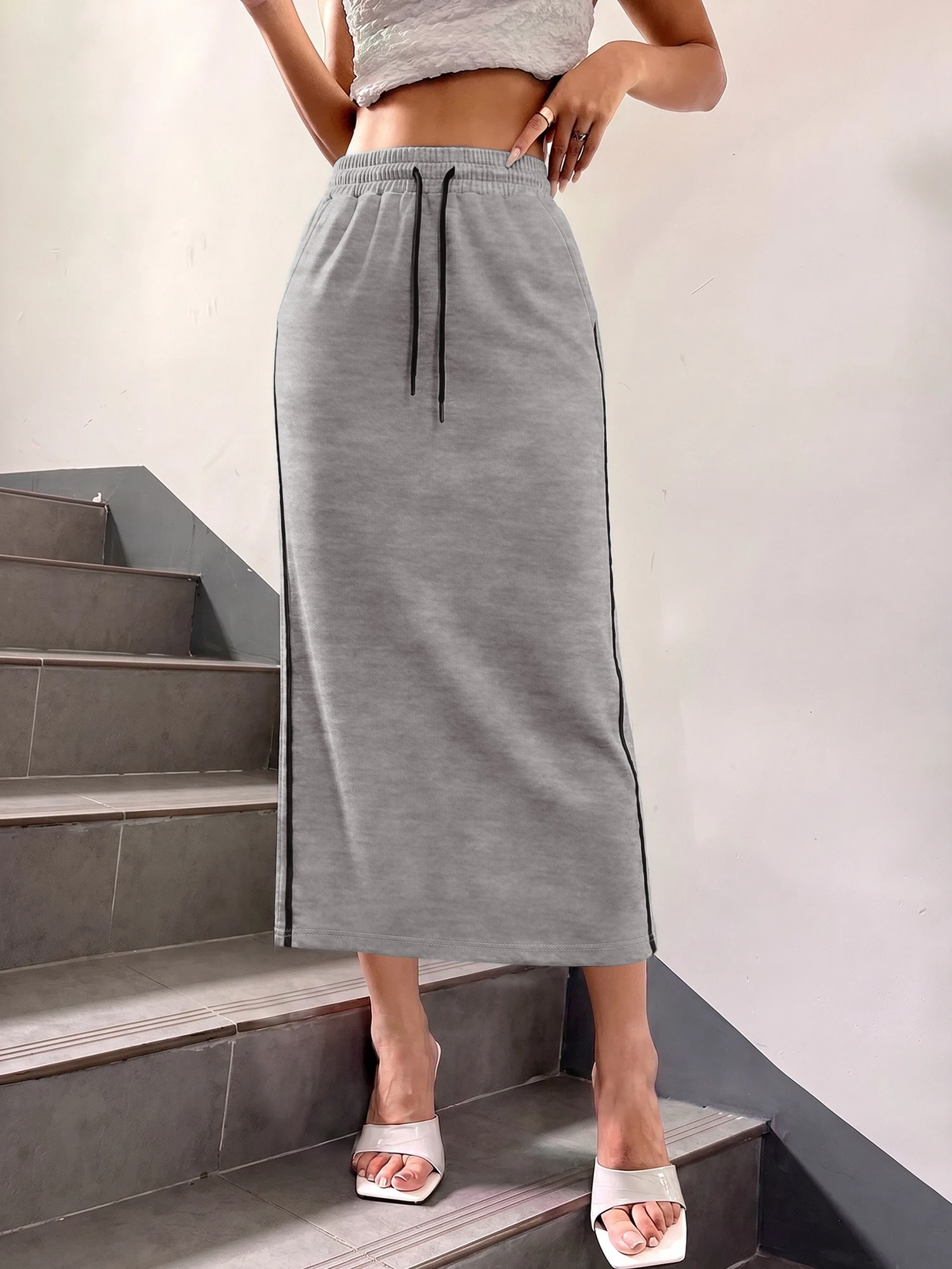 Trend Streetwear Sweat Long Skirt, Drawstring High Waist, Downtown Style & Mall Daily Outfit