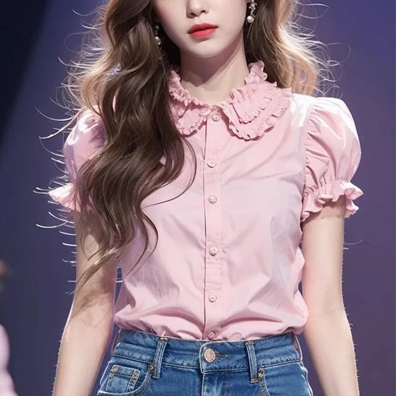 

Summer New Slim Ruffles Round Neck Women's Wear Short Sleeve Office Lady Sweet Solid Color Single Breasted Shirt