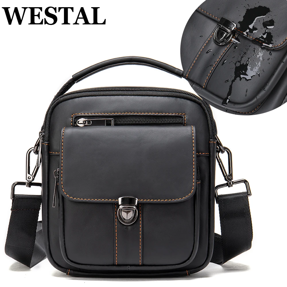 

WESTAL Black Waterproof Men's Messenger Bag Genuine Leather Handbag Shoulder Bags Cross Body Small Designer Side Bag Bolso