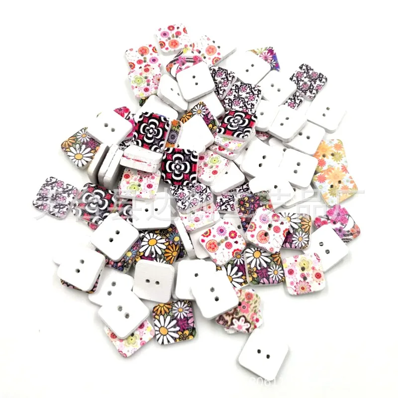 Bottoni quadrati in legno stampati con sfondo bianco da 15 mm Adesivi decorativi fatti a mano per bambini fai-da-te 50 in una confezione