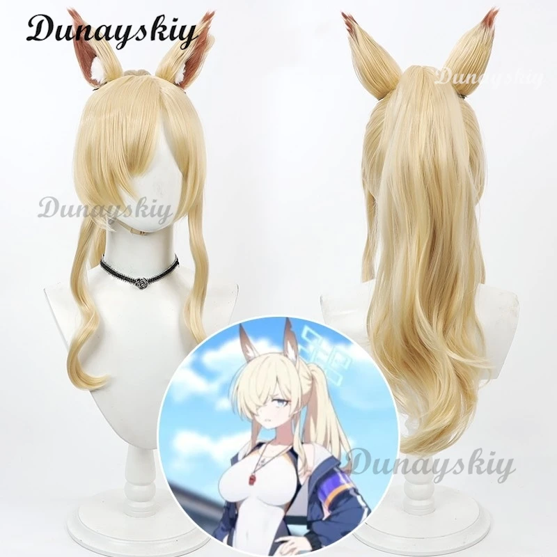 Blue Archive Ogata Kanna Cosplay-Perücke mit Ohren, 60 cm, blonder Pferdeschwanz, Kunsthaar, hitzebeständig, für Halloween, Party, individuell