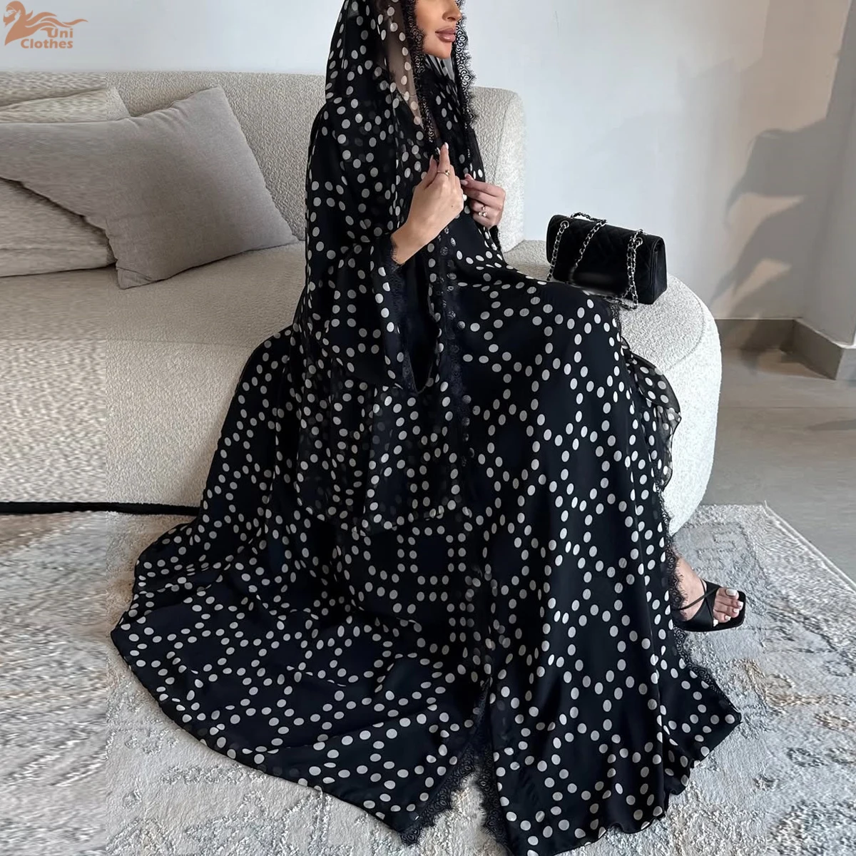 

Uni Muslim Elegant Lace Panel Women Dress Loose Cardigan Hijab included Fashion Caftan Marocain Femme