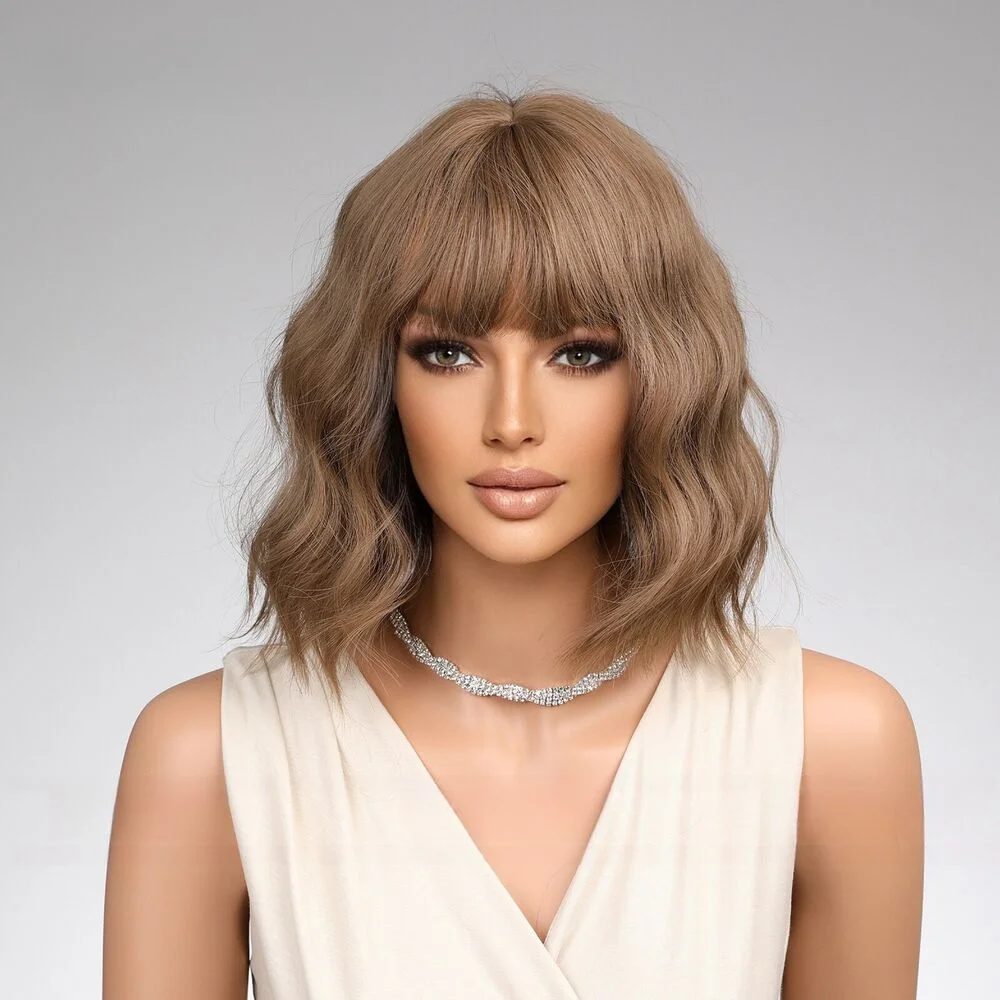 Woman blue brown short hair with bangs bobo synthetic breathable wig Synthetic