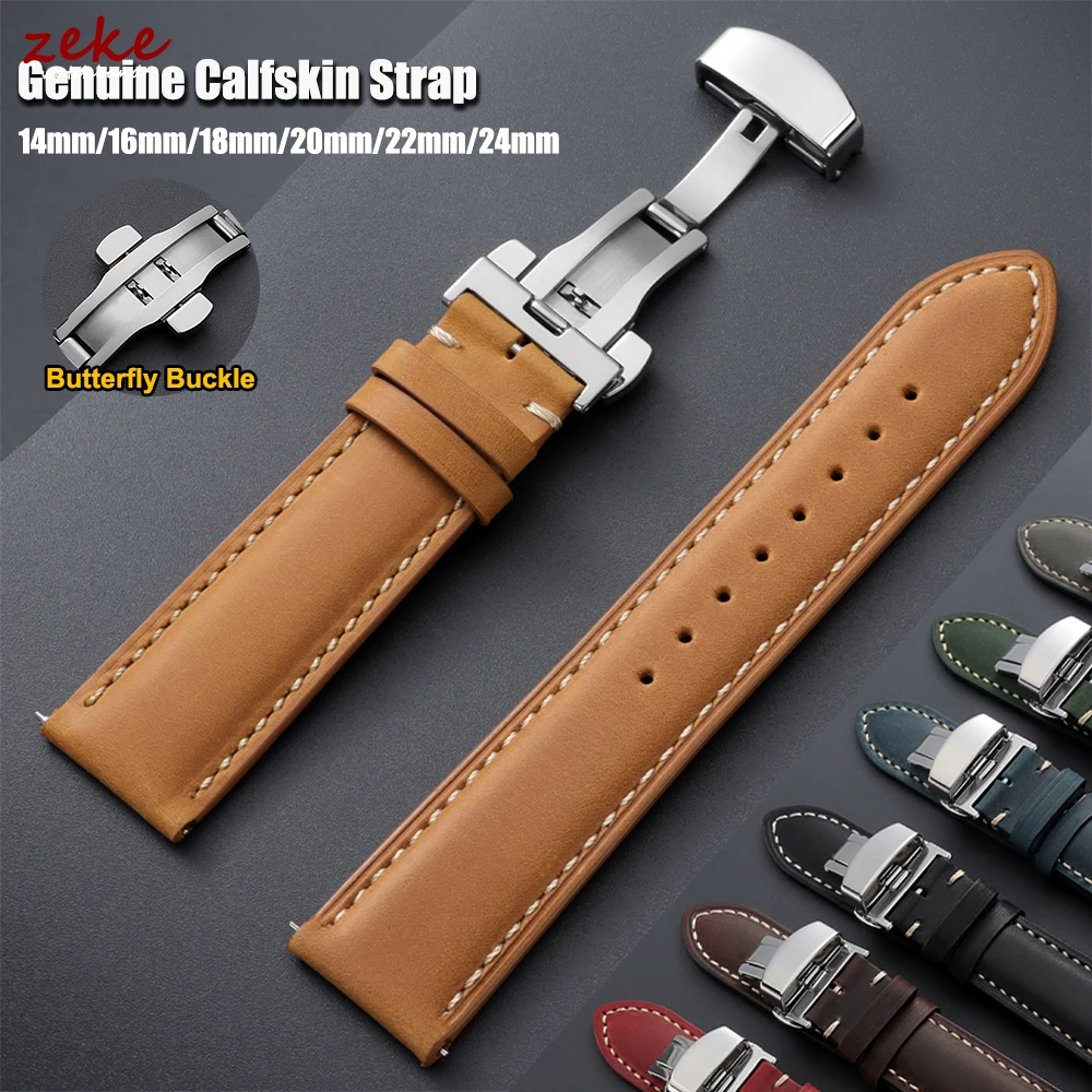 Genähtes Echtleder-Uhrenarmband aus Kalbsleder 14/16/18/20/22/24mm für Omega Casual-Uhrenband für Seiko mit Schmetterlingsverschluss