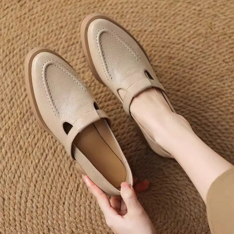 French Vintage Soft Leather Platform Block Heel Spring and Autumn New Shallow Commuter High Heeled Single Shoes for Women