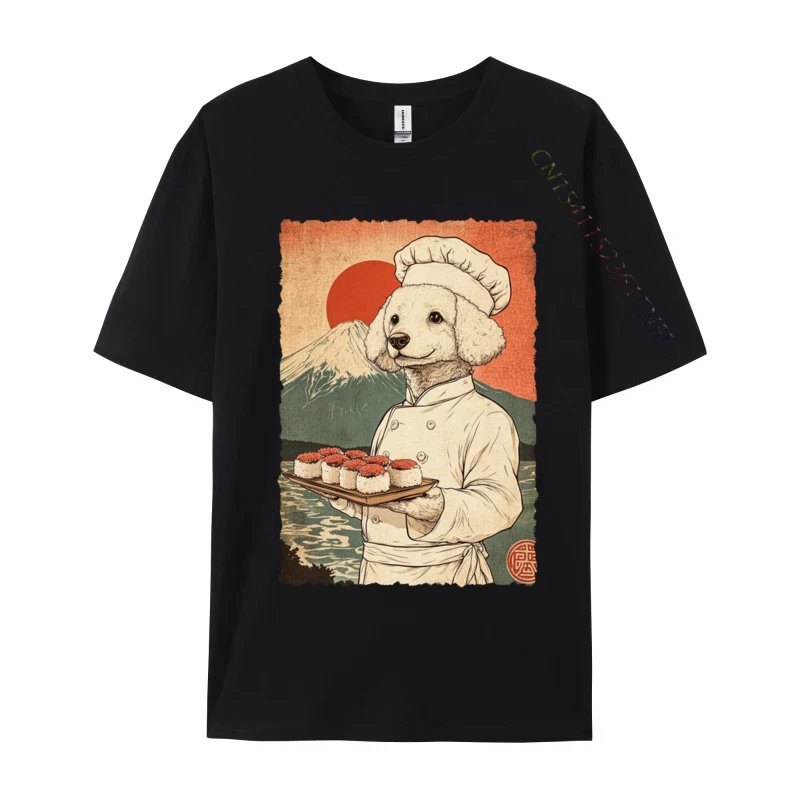 Funny Vintage Japanese Food Art Cute Poodle Sushi Chef Dog Design Slim Fit Printed T Shirt Cotton Fabric Men Tops Tees