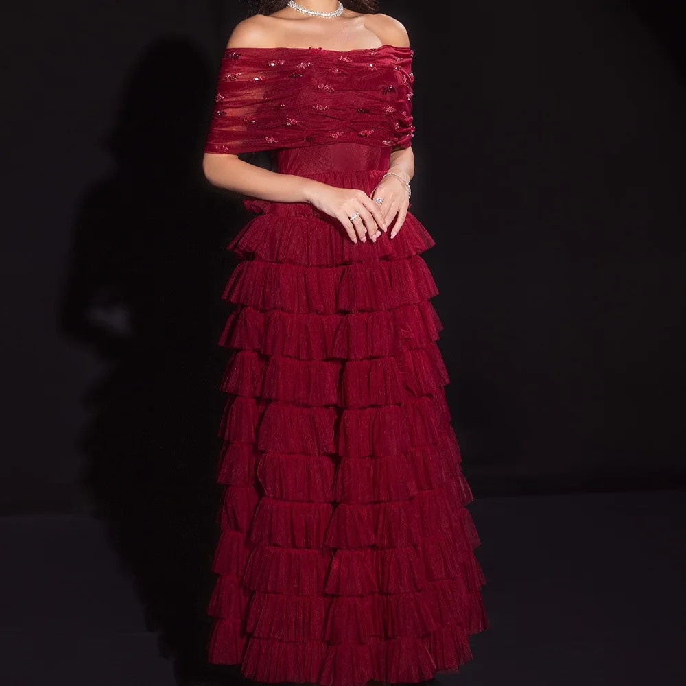 Exquisite Pleats Tiered Crystal Off the Shoulder Half Sleeves Evening Dresses Graceful A-Line Velvet Party Gowns فساتين سهرة