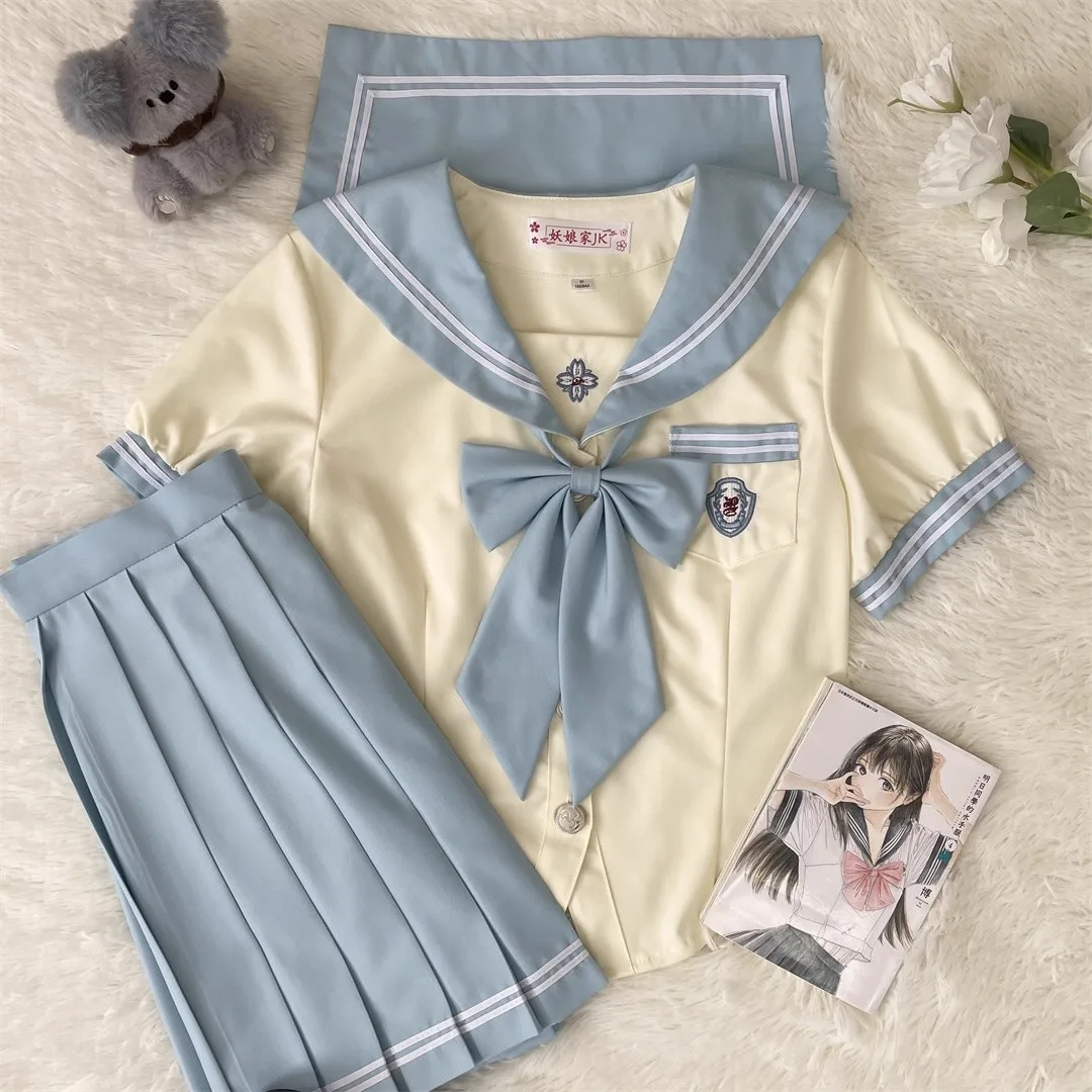 Japanese Korean School Uniform Girl Jk Seifuku Sailor Suits Blue Sailor Fuku Blouse Summer Pleated Skirt Anime COS Costume Women