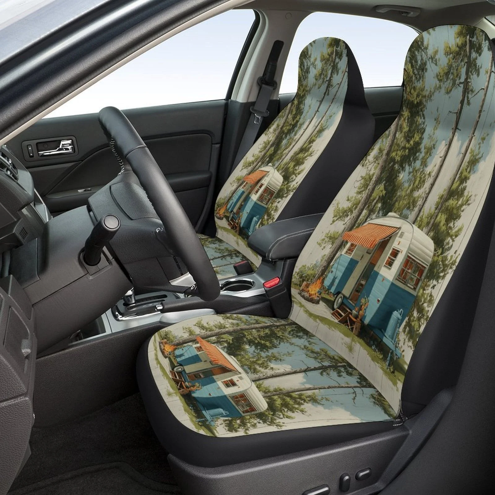 Campsite Retreat Themed Car Seat Cover Set For Most Cars, Trendy High-quality Car Seat Protector Covers Full Set, Universal Car